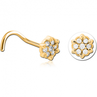 GOLD PVD COATED SURGICAL STEEL CURVED JEWELLED NOSE STUD - FLOWER