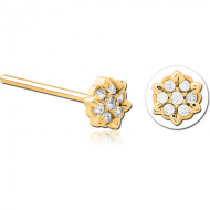 GOLD PVD COATED SURGICAL STEEL STRAIGHT JEWELLED NOSE STUD - FLOWER PIERCING