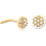 GOLD PVD COATED SURGICAL STEEL 90 DEGREE JEWELLED NOSE STUD - FLOWER PIERCING
