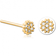 GOLD PVD COATED SURGICAL STEEL STRAIGHT JEWELLED NOSE STUD - FLOWER PIERCING