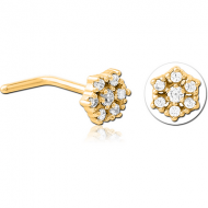 GOLD PVD COATED SURGICAL STEEL 90 DEGREE JEWELLED NOSE STUD - FLOWER PIERCING