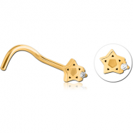 GOLD PVD COATED SURGICAL STEEL CURVED JEWELLED NOSE STUD PIERCING