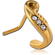 GOLD PVD COATED SURGICAL STEEL 90 DEGREE JEWELLED WRAP AROUND NOSE STUD - LEAF PIERCING