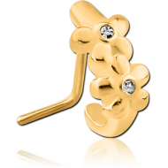 GOLD PVD COATED SURGICAL STEEL 90 DEGREE JEWELLED WRAP AROUND NOSE STUD - FLOWER PIERCING