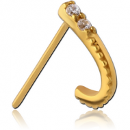 GOLD PVD COATED SURGICAL STEEL STRAIGHT JEWELLED WRAP AROUND NOSE STUD