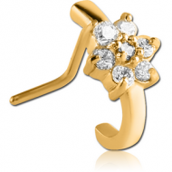 GOLD PVD COATED SURGICAL STEEL 90 DEGREE JEWELLED WRAP AROUND NOSE STUD - 7 GEM FLOWER