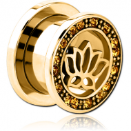 GOLD PVD COATED STAINLESS STEEL THREADED TUNNEL WITH SURGICAL STEEL JEWELLED TOP