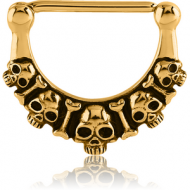 GOLD PVD COATED SURGICAL STEEL NIPPLE CLICKER - SKULLS AND BONES PIERCING