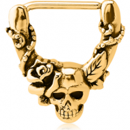 GOLD PVD COATED SURGICAL STEEL NIPPLE CLICKER - SKULLS AND ROSE