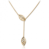 GOLD PVD COATED SURGICAL STEEL JEWELLED NECKLACE WITH PENDANT - LEAF