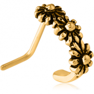 GOLD PVD COATED SURGICAL STEEL 90 DEGREE WRAP AROUND NOSE STUD - THREE FLOWERS