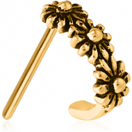 GOLD PVD COATED SURGICAL STEEL STRAIGHT WRAP AROUND NOSE STUD - THREE FLOWERS