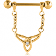 GOLD PVD COATED SURGICAL STEEL JEWELLED NIPPLE SHIELD - TRIQUETRA WITH CHAIN