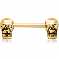 GOLD PVD COATED SURGICAL STEEL NIPPLE BAR - SKULL PIERCING