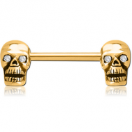 GOLD PVD COATED SURGICAL STEEL NIPPLE BAR - SKULL
