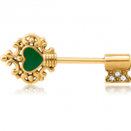 GOLD PVD COATED JEWELLED SURGICAL STEEL NIPPLE BAR WITH ENAMEL - KEY PIERCING