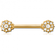 GOLD PVD COATDE SURGICAL STEEL JEWELLED NIPPLE BAR PIERCING