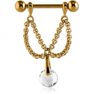 GOLD PVD COATED SURGICAL STEEL JEWELLED NIPPLE SHIELD - CHAIN AND ROUND BALL PIERCING