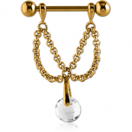 GOLD PVD COATED SURGICAL STEEL JEWELLED NIPPLE SHIELD - CHAIN AND ROUND BALL