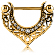 GOLD PVD COATED SURGICAL STEEL JEWELLED NIPPLE SHIELD - V FILIGREE