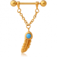 GOLD PVD COATED SURGICAL STEEL TURQUOISE NIPPLE SHIELD - CHAIN WITH FEATHER PIERCING