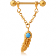 GOLD PVD COATED SURGICAL STEEL TURQUOISE NIPPLE SHIELD - CHAIN WITH FEATHER