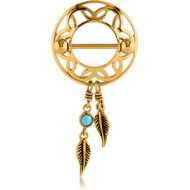 GOLD PVD COATED SURGICAL STEEL TURQUOISE DREAMCATCHER WITH FEATHERS NIPPLE SHIELD PIERCING