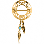 GOLD PVD COATED SURGICAL STEEL TURQUOISE DREAMCATCHER WITH FEATHERS NIPPLE SHIELD