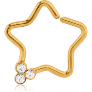 GOLD PVD COATED SURGICAL STEEL JEWELLED OPEN STAR SEAMLESS RING - TIRPLE GEM
