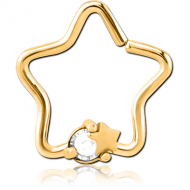 GOLD PVD COATED SURGICAL STEEL JEWELLED OPEN STAR SEAMLESS RING - STAR AND GEM PIERCING
