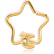 GOLD PVD COATED SURGICAL STEEL JEWELLED OPEN STAR SEAMLESS RING - CRESCENT AND STAR PIERCING