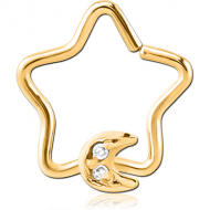 GOLD PVD COATED SURGICAL STEEL JEWELLED OPEN STAR SEAMLESS RING - CRESCENT PRONGS PIERCING