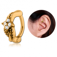 GOLD PVD COATED SURGICAL STEEL JEWELLED ROOK CLICKER - LEAF