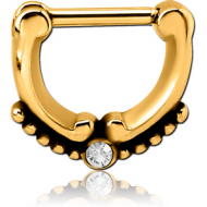 GOLD PVD COATED SURGICAL STEEL ROUND JEWELLED HINGED SEPTUM CLICKER