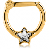 GOLD PVD COATED SURGICAL STEEL STAR JEWELLED HINGED SEPTUM CLICKER PIERCING