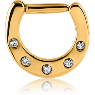 GOLD PVD COATED SURGICAL STEEL ROUND JEWELLED HINGED SEPTUM CLICKER