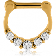 GOLD PVD COATED SURGICAL STEEL ROUND JEWELLED HINGED SEPTUM CLICKER
