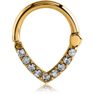 GOLD PVD COATED SURGICAL STEEL ROUND JEWELLED HINGED SEPTUM CLICKER