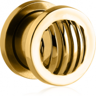 GOLD PVD COATED STAINLESS STEEL THREADED TUNNEL - STRIPES DOME PIERCING