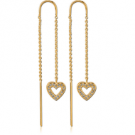 STERLING SILVER 925 GOLD PVD COATED CHAIN JEWELLED EARRINGS PAIR - HEART