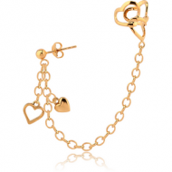 STERLING SILVER 925 GOLD PVD COATED EAR CUFF CHAIN WITH FOUR HEARTS