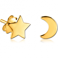 STERLING SILVER 925 GOLD PVD COATED EAR STUDS PAIR - 2D STAR CRESCENT