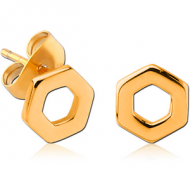 STERLING SILVER 925 GOLD PVD COATED EAR STUDS PAIR - HEXAGON
