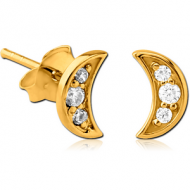 STERLING SILVER 925 GOLD PVD COATED JEWELLED EAR STUDS PAIR - CRESCENT