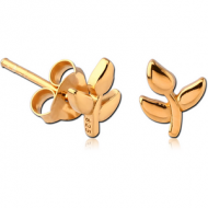 STERLING SILVER 925 GOLD PVD COATED EAR STUDS PAIR - LEAF