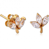 STERLING SILVER 925 GOLD PVD COATED JEWELLED EAR STUDS PAIR - LEAF