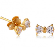 STERLING SILVER 925 GOLD PVD COATED JEWELLED EAR STUDS PAIR - BOW
