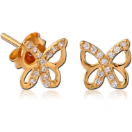 STERLING SILVER 925 GOLD PVD COATED JEWELLED EAR STUDS PAIR - BUTTERFLY