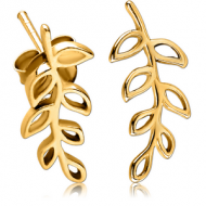 STERLING SILVER 925 GOLD PVD COATED EAR STUDS PAIR - LEAF