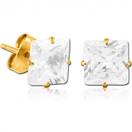 PAIR OF GOLD PVD COATED TITANIUM SQUARE PRONG SET JEWELLED EAR STUDS